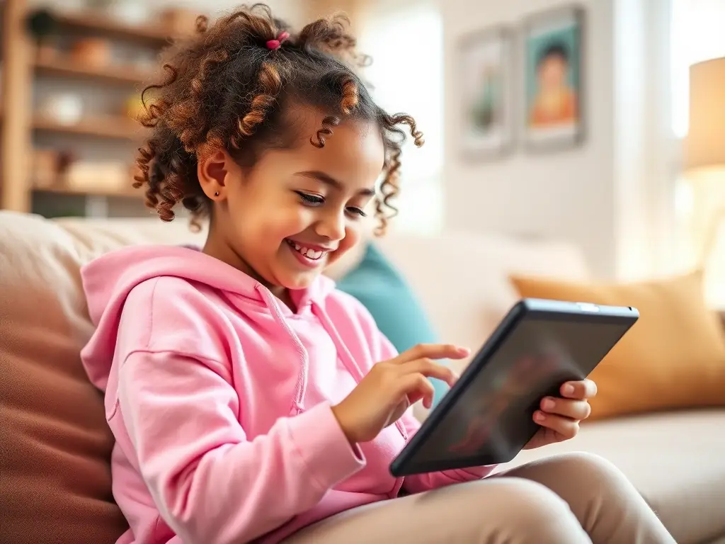 A child is happily interacting with an interactive story on a tablet, showcasing the engaging and immersive experience of SaudiLiveBook's platform.
