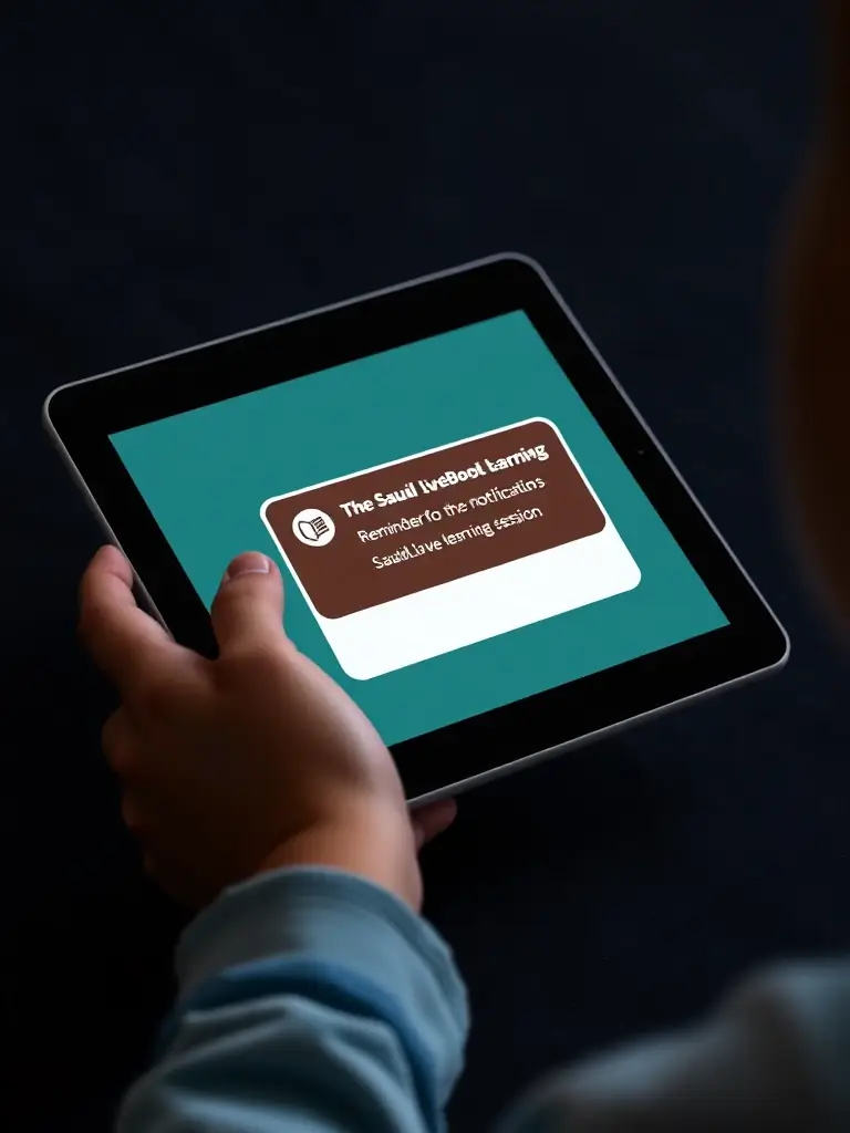 An image of a notification popping up on a tablet screen, reminding a child about their upcoming SaudiLiveBook learning session.